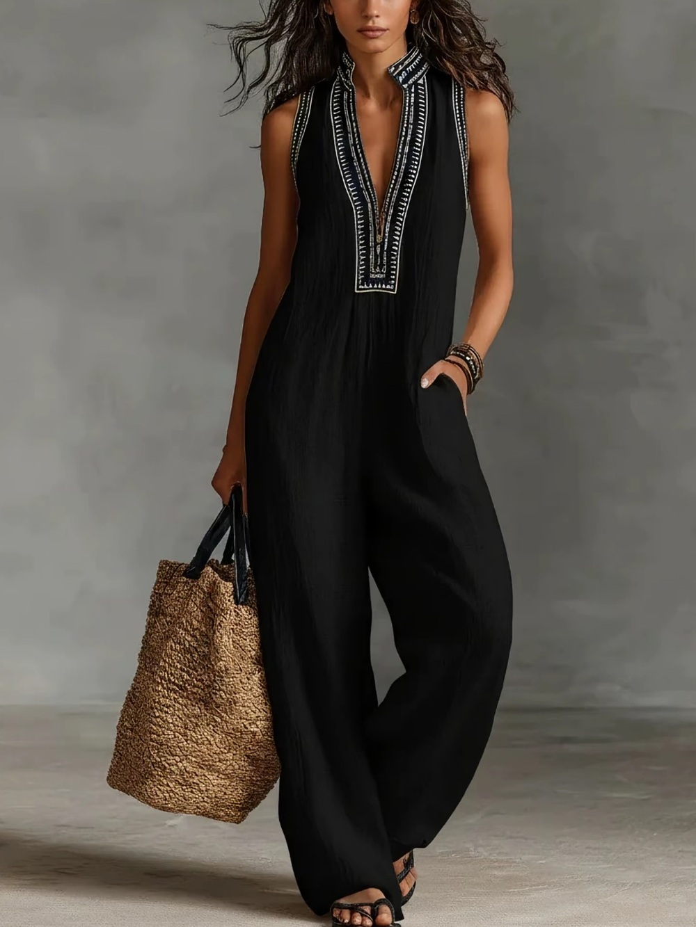 Sleeveless Black Embroidered V-Neck Wide-Leg Jumpsuit